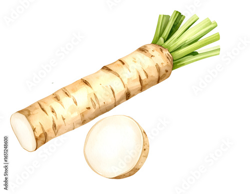 Watercolor horseradish root with leafy tops and round slice, spicy condiment vegetable, detailed botanical illustration on isolated background