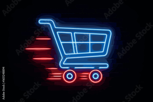 Neon shopping cart vector – vibrant, electric, glowing, simple design for e-commerce themes