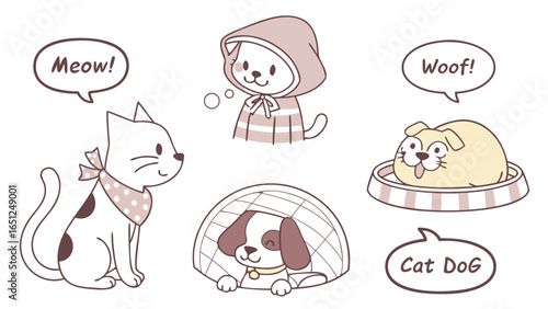 Cute Cartoon Cats And Dogs With Speech Bubbles And Accessories kitten puppy