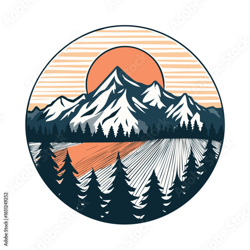 Simple black line Illustration of mountains, with redwood trees and vineyards in the background as the sun goes down. Designs for a cool retro 70's camping t-shirt.