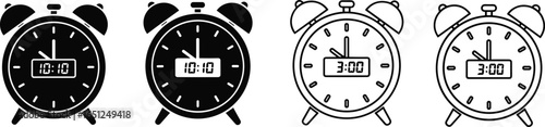 PrintSet of alarm clock vector illustrations, black and white style, classic retro timepieces with bells, analog and digital displays, vintage punctuality concept