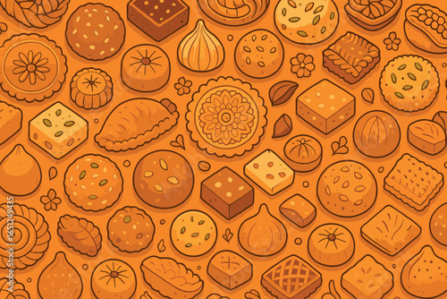 Diwali sweets display | traditional indian desserts pattern | festive treats background vector