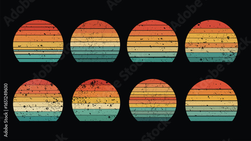 Retro vintage color background illustrations Shape 9 piece set. Vintage sunset collection in 70s 80s style. Regular and distressed retro sunset set with textured versions