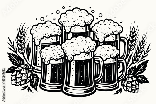 Frothy beer and ale vector: celebratory illustration of bubbly mug design with hops and barley