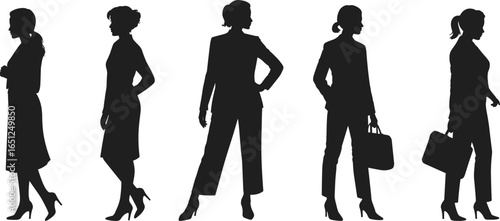 PrintSilhouette businesswomen standing with handbags, professional attire, career posture illustration, black vector design, workplace diversity, corporate fashion concept