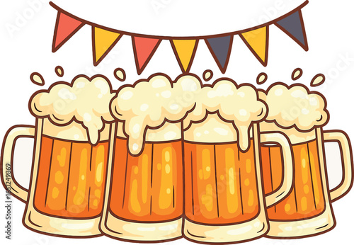 Oktoberfest celebration vector with beer mugs and festive garland - cheers, drink, party