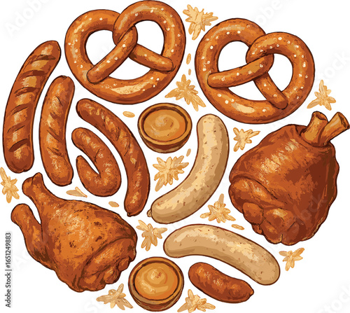 Oktoberfest feast vector: traditional bavarian cuisine with pretzels, sausages, and hocks
