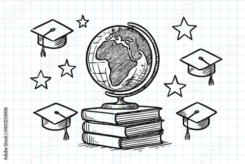 Academic icons vector: global education symbols with grads, books, globe & stars