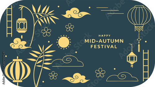 Happy Mid Autumn Festival Design with Sun Lanterns Bamboo Flowers and Clouds on Teal moon festival chinese festival