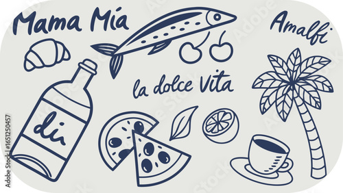 Italian Amalfi Coast Doodle Elements With Text Mama Mia La Dolce Vita Amalfi vector illustration