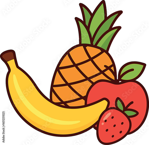 Vibrant fruit vector: pineapple, banana, apple, strawberry illustration for fresh designs