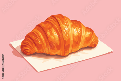 Croissant delight vector: flaky, golden, french pastry on pink background, bakery print