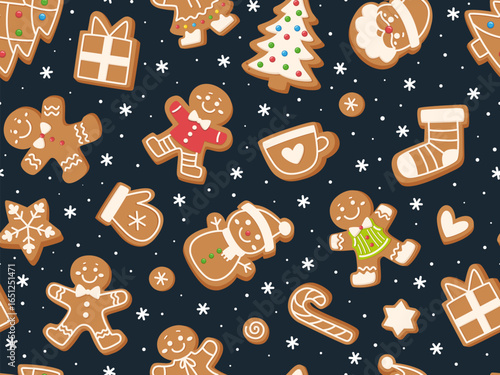 Seamless pattern with Christmas gingerbread men, Christmas trees, snowman, candy cane and other cookies. Cartoon holiday background with gingerbread. Vector print for holiday decoration.