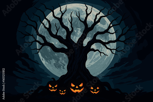 Haunting moonlit tree vector | spooky night scene with eerie pumpkins and ghostly shadows