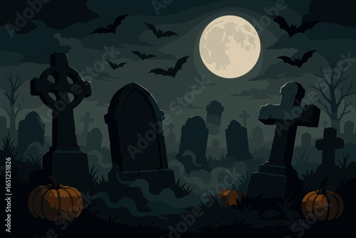 Ethereal moonlit graveyard scene - gothic cemetery with bats, tombstones, and pumpkins