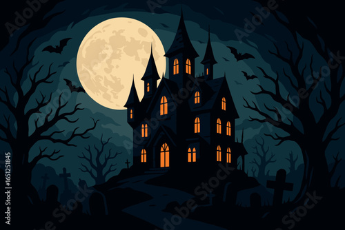 Haunted mansion vector: gothic nighttime scene with moonlit shadows and eerie atmosphere