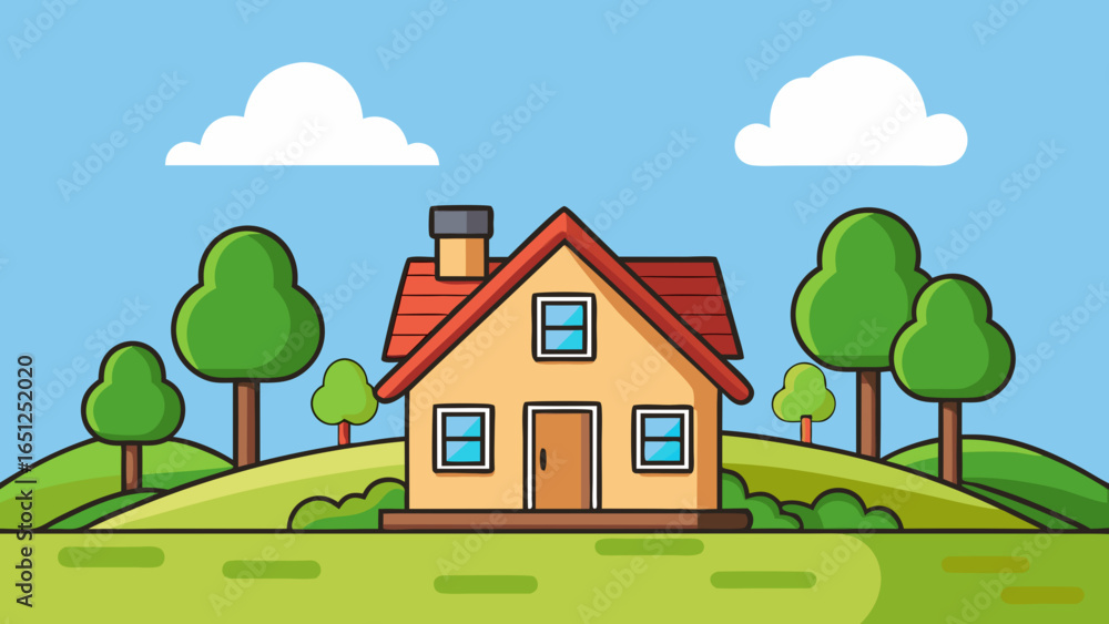 Naklejka premium Cartoon house surrounded by green trees and rolling hills