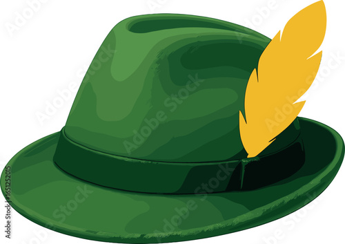 Stylish green hat vector: fashionable fedora with yellow feather, retro accessory design