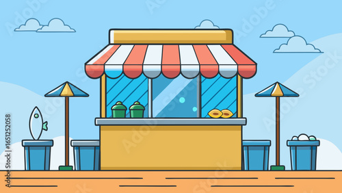 Beach kiosk with striped awning and umbrellas blue sky