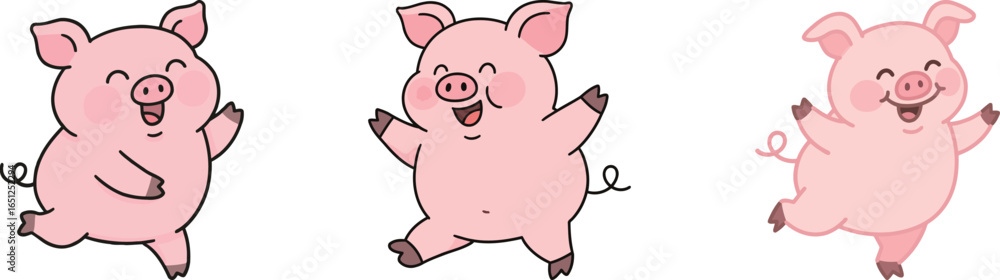 A series of three happy and dancing cartoon pigs with joyful expressions and their curly tails wagging. A series of three happy and dancing cartoon pigs with joyful expressions and their curly tails wagging.