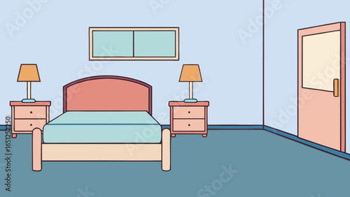 Bedroom interior with bed and door nightstand lamp