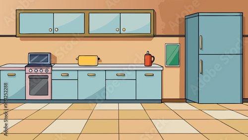 Cartoon kitchen interior with appliances and cabinets