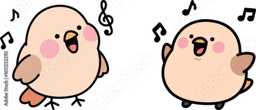 A cartoon illustration of two happy and singing little birds with musical notes floating around them, one with a treble clef.