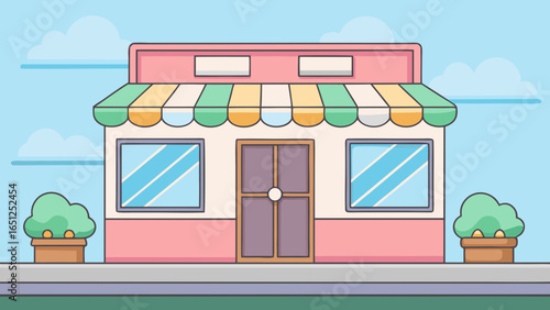 Pink store building with awning and plants cartoon