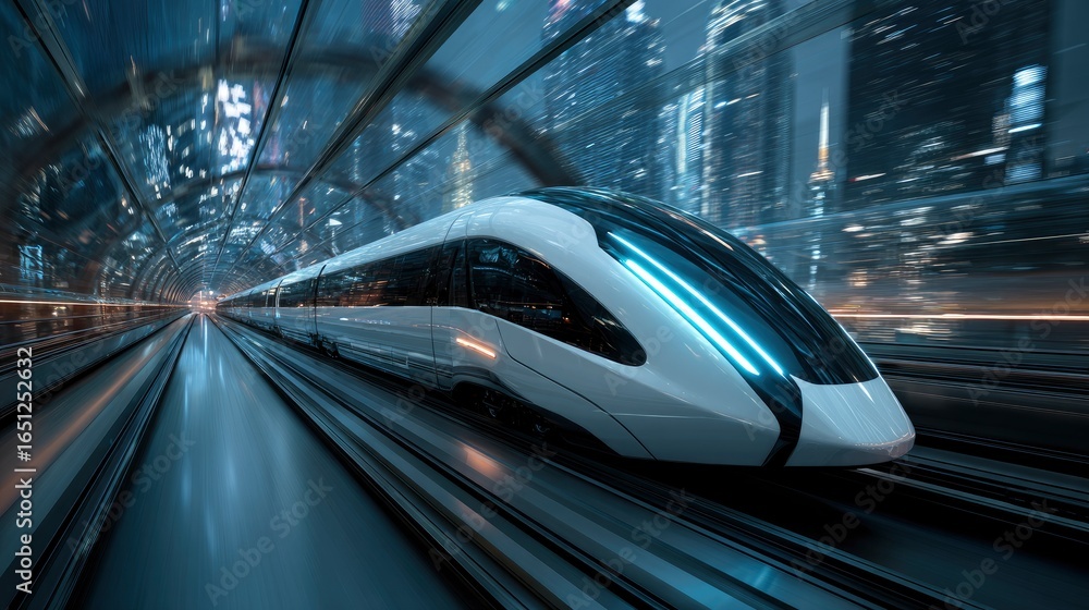 Fototapeta premium Maglev superconducting track piercing future city: Streamlined vehicles racing through neon tunnels with real-time energy flow and carbon reduction data displays