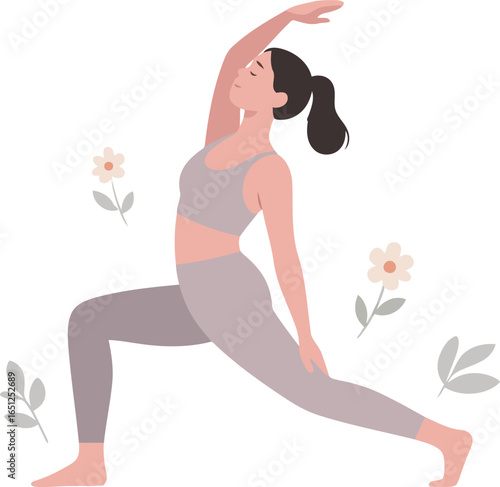 A flat illustration of a young woman doing a low lunge yoga pose in a garden with flowers, symbolizing health, wellness, and exercise.