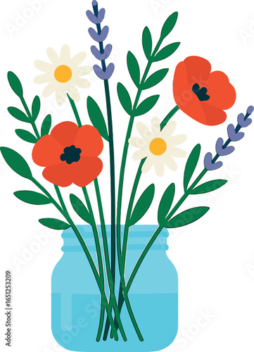 Wildflower bouquet vector: simple, colorful floral arrangement in a jar for design projects