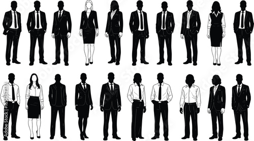PrintVector illustration of professional business people silhouettes, men and women dressed formally, corporate team standing, office staff group, leadership, teamwork concept.