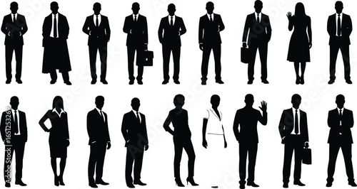PrintVector illustration of professional business people silhouettes, men and women in formal suits, standing group, corporate team, office workers.