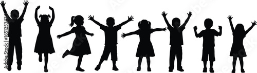 PrintVector silhouette illustration of happy jumping children with raised arms, perfect for fun, joy, education, kids activity and celebration design.