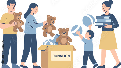 Charity toy collection vector: family donating toys to bring joy to children in need