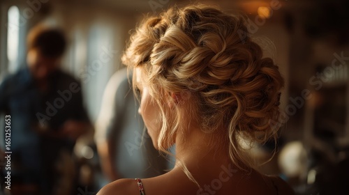 Blonde woman's hair styled in an elegant updo with braids. Great for wedding, beauty salon and fashion related content.