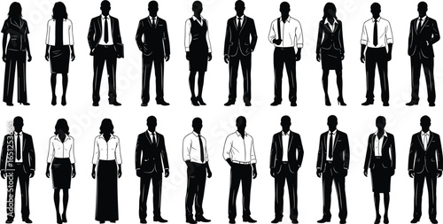 PrintVector silhouettes of diverse business people, men and women, professional attire, standing group, corporate team, office workers, formal dress, leadership, teamwork, business staff.