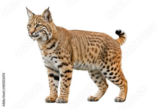A magnificent bobcat stands poised against a stark black background, showcasing its intricate coat patterns and alert posture.