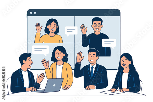 Remote team collaboration vector: digital communication, virtual meetings, online work