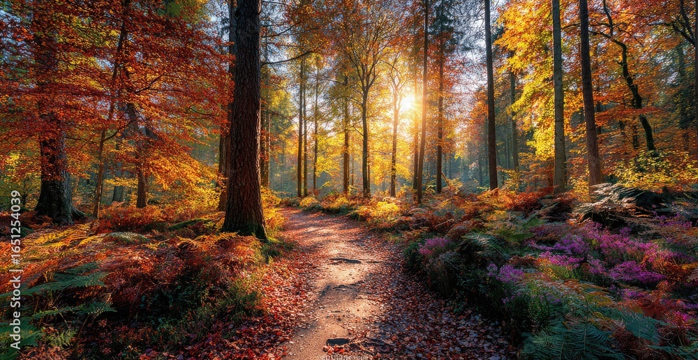 Obraz premium Autumn forest path bathed in sunlight