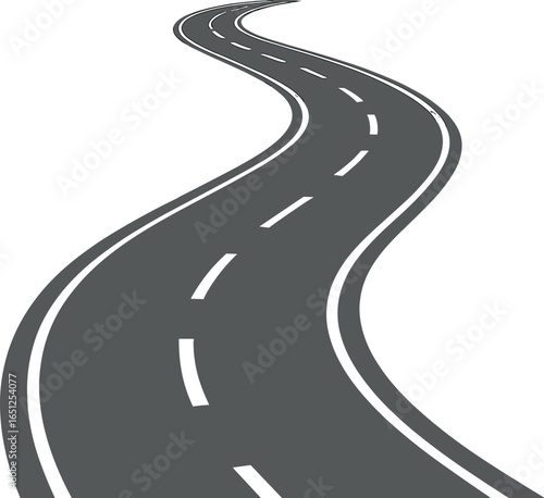 Winding road vector: simple curved pathway, minimalistic asphalt design, black and gray