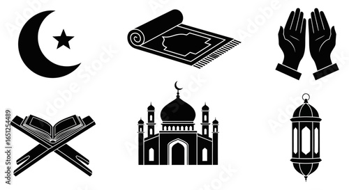 Islamic cultural, religious symbols, prayer, mosque, sacred texts, crescent, star, and traditional lantern icons.