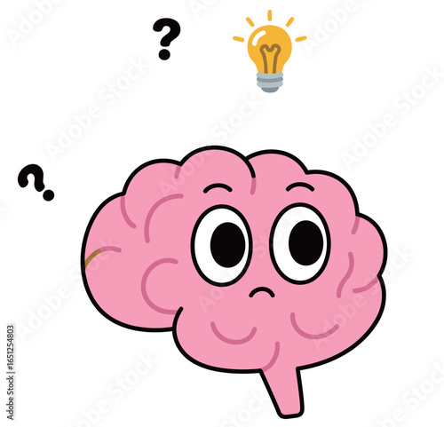 Brain Cartoon Character with Question Marks and a Light Bulb Idea Above Its Head
