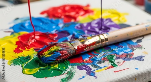 Wallpaper Mural Close up of a paintbrush with vibrant colors of paint dripping onto a canvas, creativity in motion Torontodigital.ca