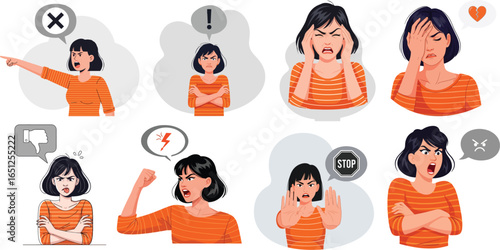 A set of vector illustrations of a woman expressing various negative emotions and feelings.
