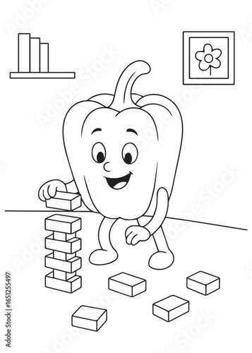 coloring book paprika playing block stacking game indoors.