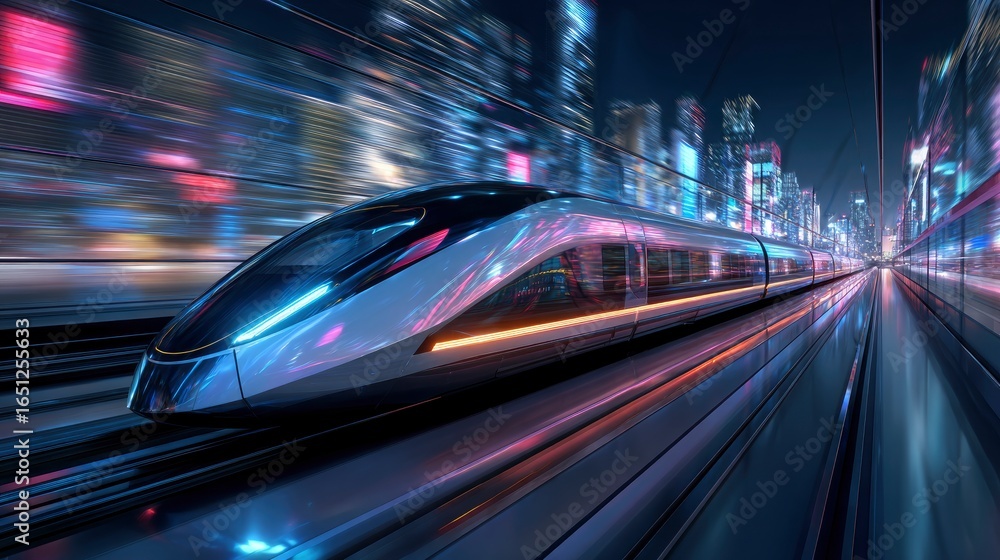 Fototapeta premium Maglev superconducting track piercing future city: Streamlined vehicles racing through neon tunnels with real-time energy flow and carbon reduction data displays