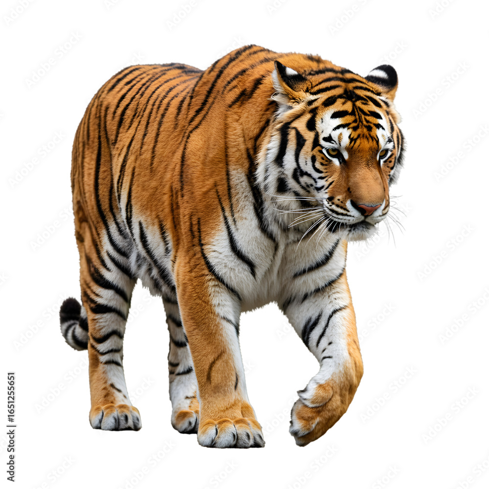 Obraz premium Majestic Tiger Walking Confidently, Close-up Portrait of a Powerful Bengal Tiger with Striking Orange and Black Stripes, Fierce Predator in Motion