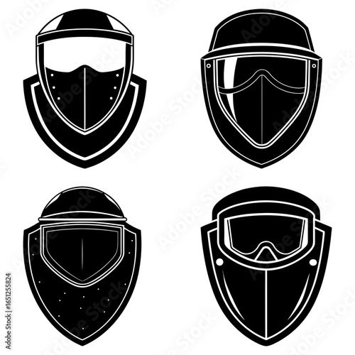 Illustration of four different black and white riot shield designs with varying visor and face protection
