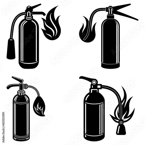 Various black and white fire extinguishers with flames in different styles and orientations are shown